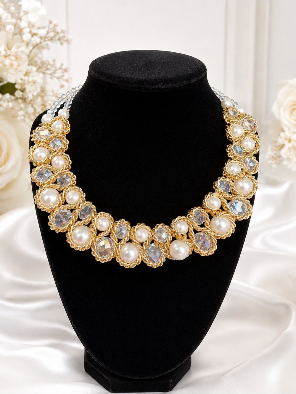 Statement Pearl & Crystal Gold-Tone Necklace – Elegant Glam Jewelry